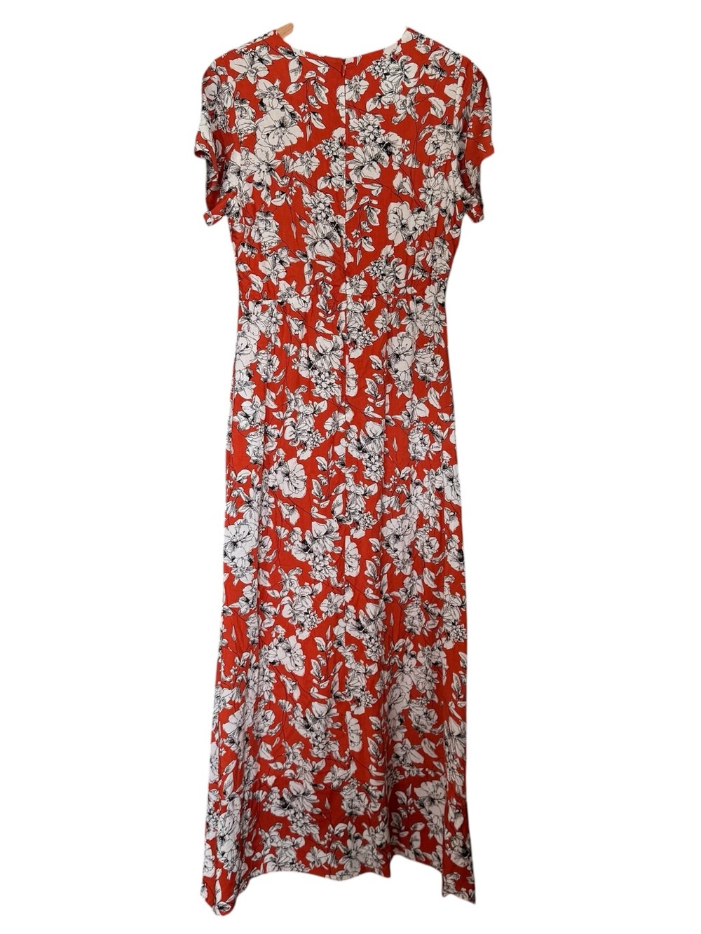 Roolee Burnt Orange w/ Black & White Floral Wrap-Style Ruffle Accent Maxi Dress - Picture 9 of 14